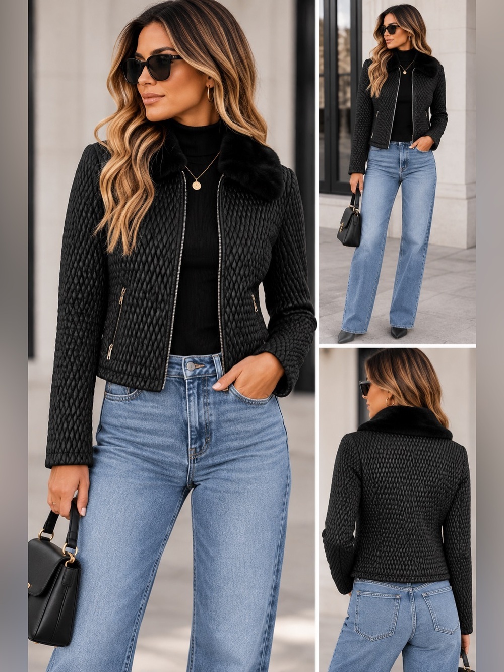 KELLI KOURI Quilted Vegan Leather Jacket w/ Fur‎ Collar Medium
